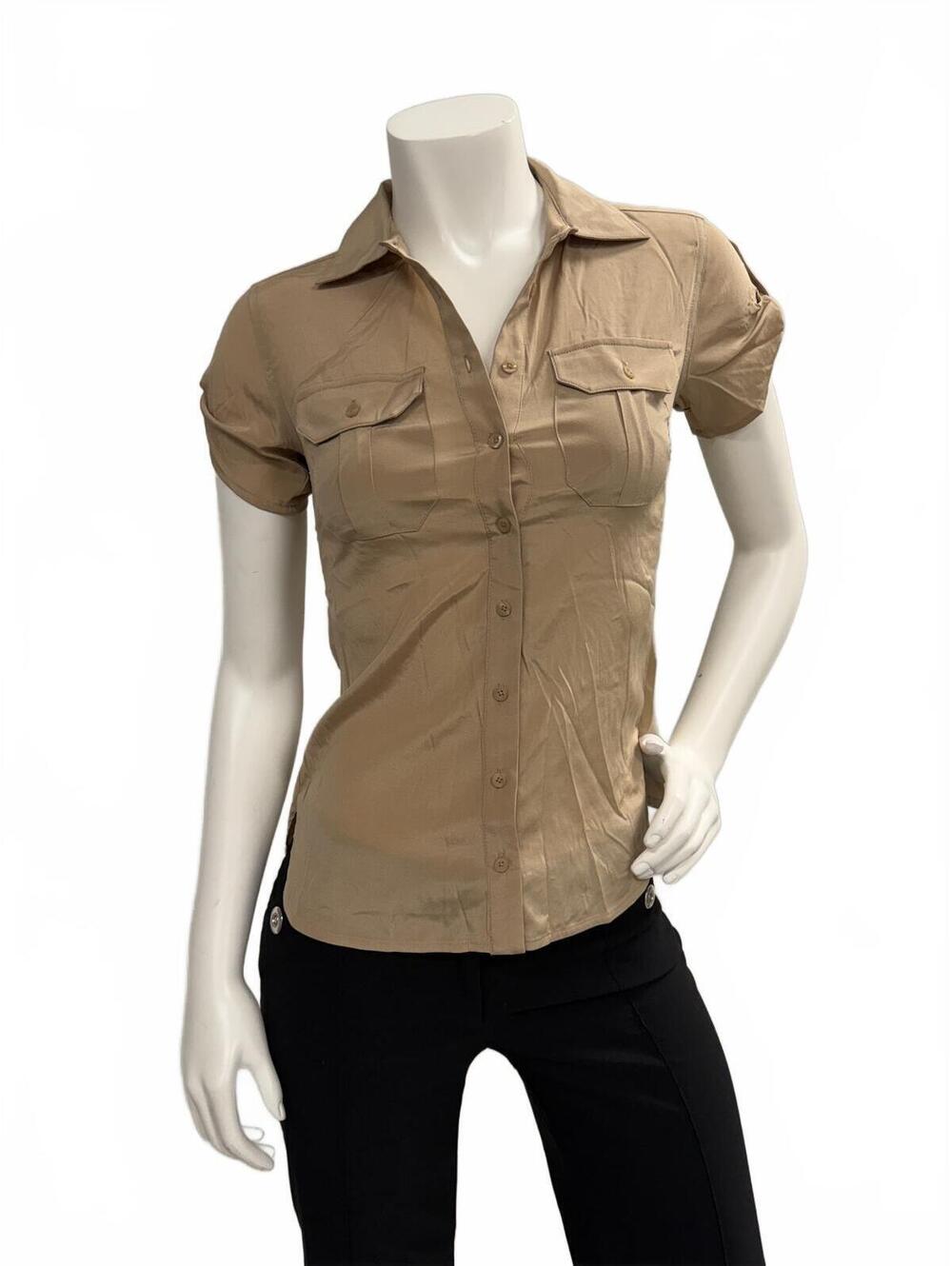 bebe Slim Boyfriend Shirt Nude Beige Button Up Blouse Women’s XXS NWT